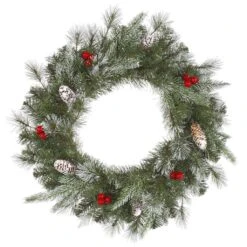 Vickerman Artificial Unlit Christmas Wreath With Frosted Cones And Red Berries (27681)